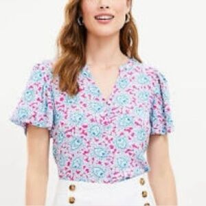 LOFT | Pink/Blue/Green Peacock Feather Print 100% Rayon Button-Front Blouse Sz M